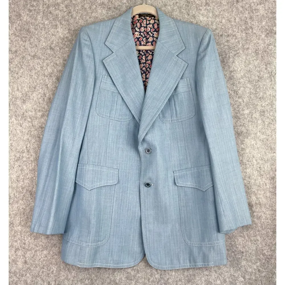 VTG Mancillas‎ Blazer Sport Coat Mens 41L Blue Herringbone Disco Retro Western
